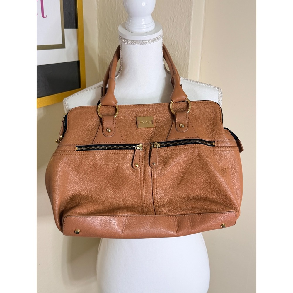 Modalu London Pippa Tan Pebbled Leather Satchel Bag Gold Hardware Multi Zip
